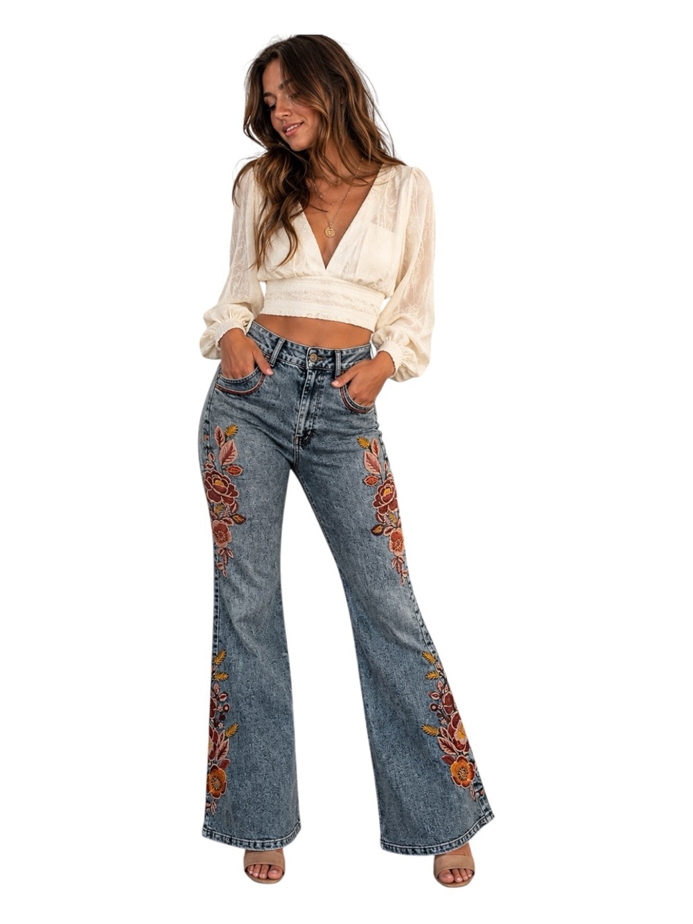 New Blue Velvet Floral Embroidered Flare Jeans Boho Western Stretch $126
